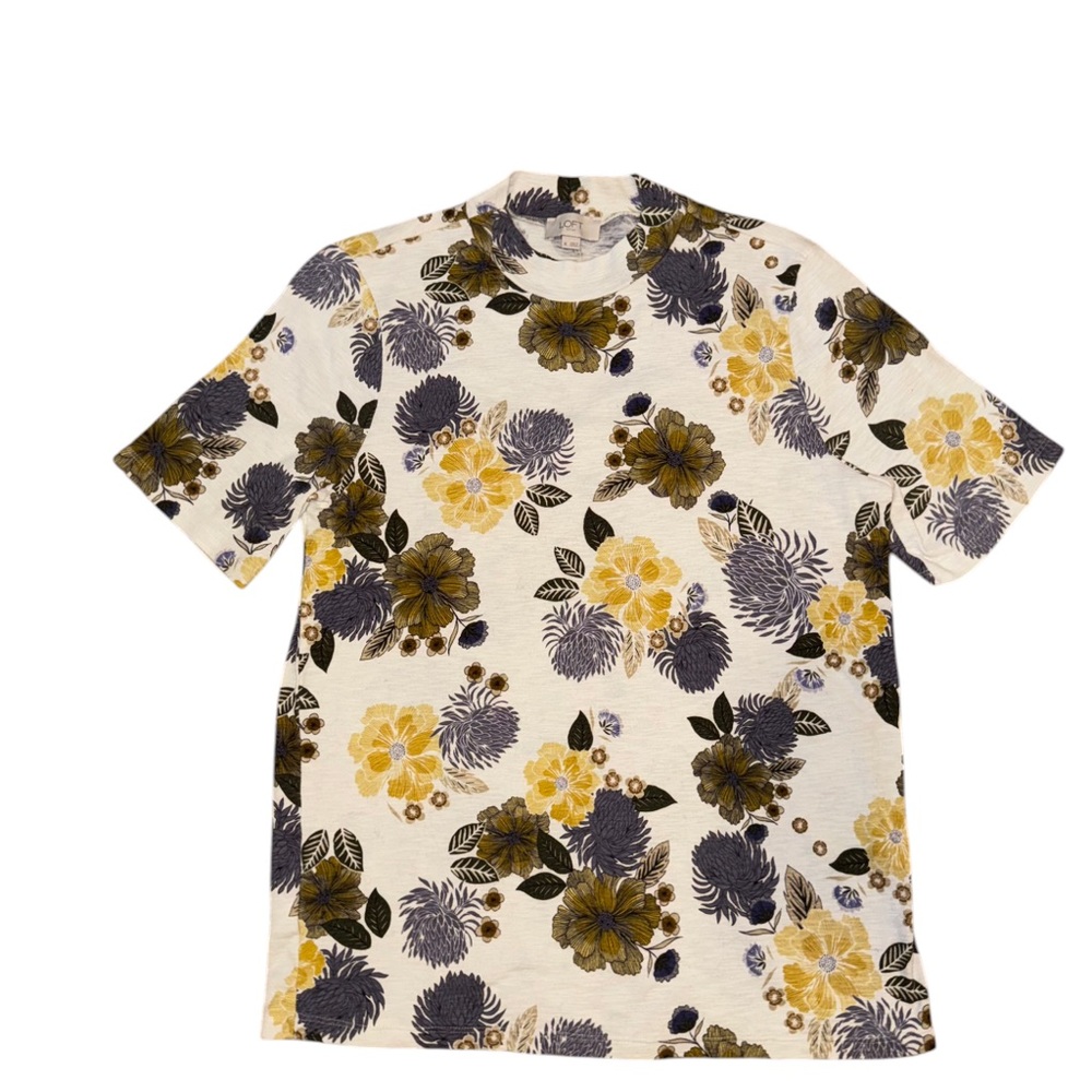 Loft White Floral Short Sleeve Tee with Abstract Design